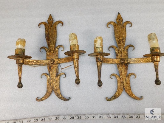 Pair Vintage Hammered Wrought Iron Wall Light Sconces
