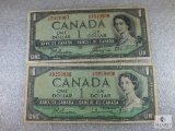 (2) 1954 Canadian $1 Bills - One With The Devils Face & The Other Without