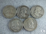 Group of Five Mixed Date and Mint Franklin Half Dollars