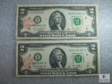 Group of Two US $2.00 Small-size Notes - Clemson Tiger Pawed Stamped