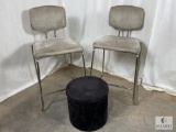 Two Metal and Upholstered Stools with One Storage Ottoman