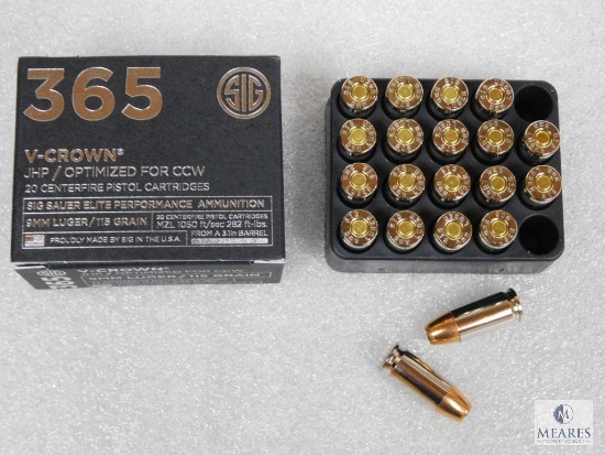 20 Rounds Sig Sauer 9MM Ammo. V-Crown 115 Grain Jacketed Hollow Point Self Defense