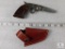Stainless Blade Folder Knife Shaped Like Small Gun with Leather Sheath