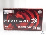 100 Rounds Federal American Eagle 9mm Luger 115 Grain Ammo