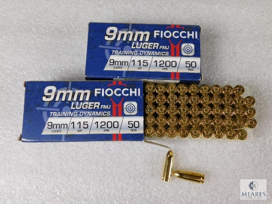 100 Rounds Fiocchi 9mm Ammo .115 Grain FMJ