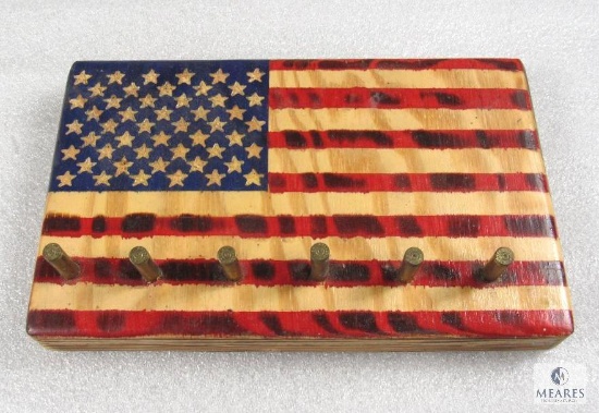 Wood Burned Warrior American flag Key Holder with Brass Casing Holders