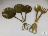 Set of Large Vintage Brass Cooking Utensils - Spoon, Fork and Strainers