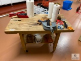 Rolling Wooden Work Table and Contents