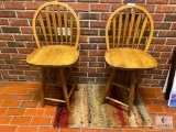 Group of Two Wooden Rotating Barstools and Rug