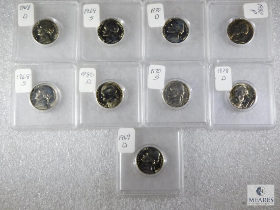 Nine Different High Grade Jefferson Nickels In Hard Plastic Holders