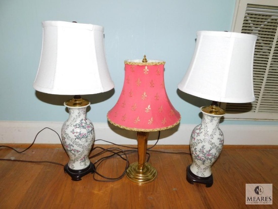 Lot of Three Table Lamps - Brass and Porcelain Bases - NO SHIPPING