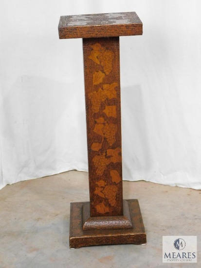 Wood Column Plant Stand with Engraved Grape Motif