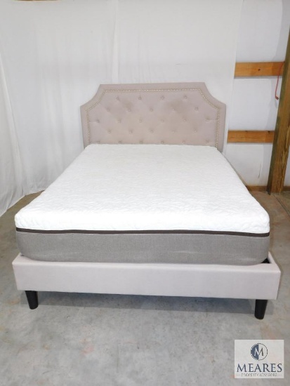 Queen Size Bed Beige Tufted Headboard with Gold Nailheads