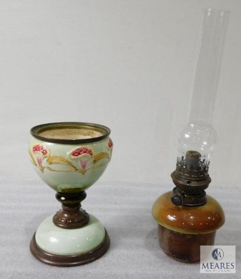 Vintage Glass and Stone Oil Lamp and Porcelain and Metal Flower Pot