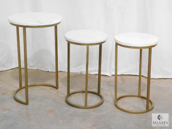 Set of Three Round White Marble Top Side Tables