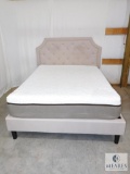 Queen Size Bed Beige Tufted Headboard with Gold Nailheads