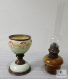 Vintage Glass and Stone Oil Lamp and Porcelain and Metal Flower Pot