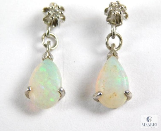 Teardrop Opal and Diamond on Sterling Pierced Earrings