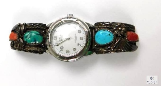 Ladies Turquoise & Coral Navajo Design Wrist Watch Indiglo Quartz Movement with Expansion Band