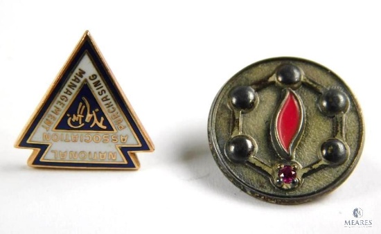 Lot of Two Small Lapel Pins Keystone 10K Gold and Round Sterling Silver with Pink Stone