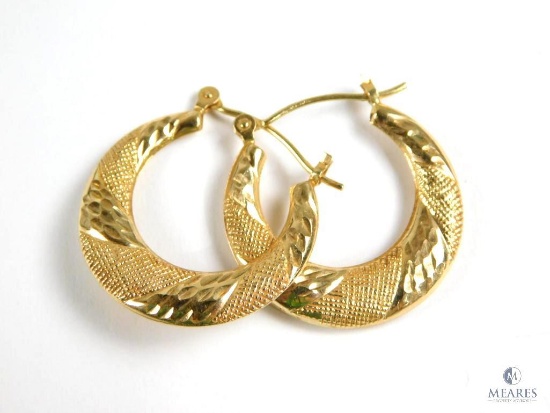 10K Yellow Gold Etched Hoop Earrings Snap Bar for Pierced Ears