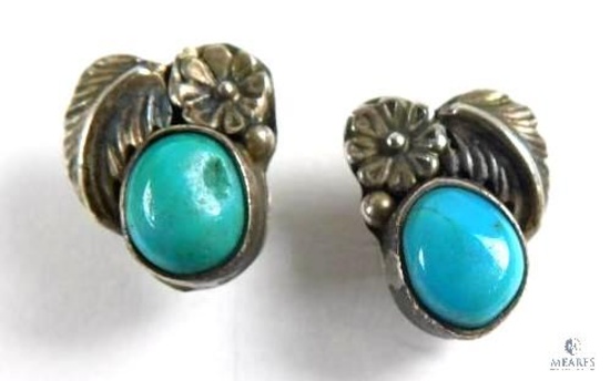 Navajo Blossom and Feather Small Turquoise Sterling Pierced Earrings