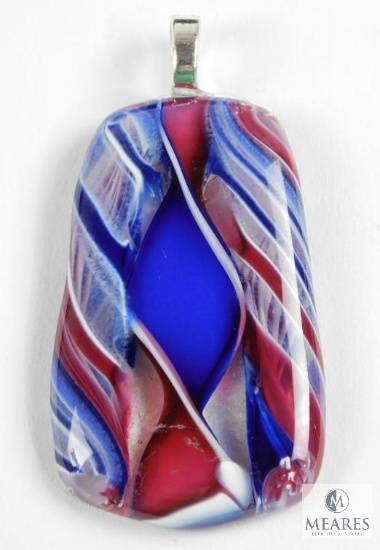 Large Art Glass Pendant with Silver Tone Loop Patriotic Colors