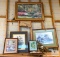 Assorted Framed Artwork with Metal Sconces