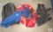 Assorted Scuba Gear Including Fins, Shirts, and Regulator Hose
