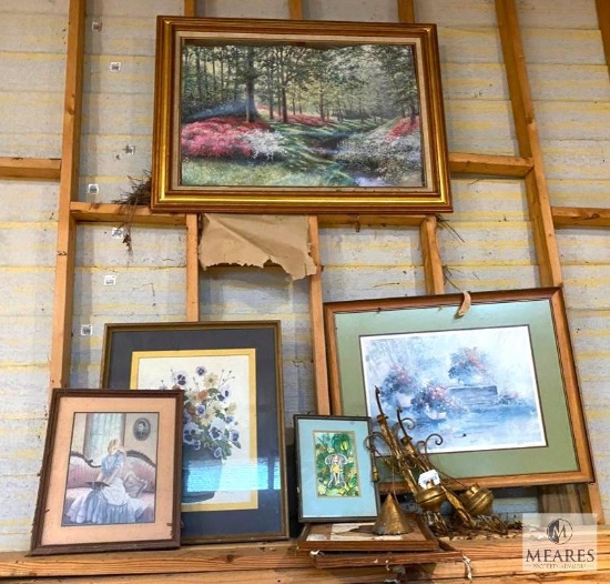 Assorted Framed Artwork with Metal Sconces