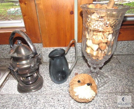 Large Glass Vase, Small Art Glass Pitcher, Silverplate Tea Pot with Warmer