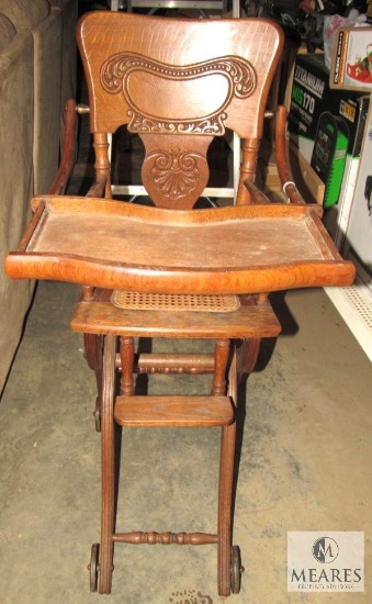 Antique Highchair with Rattan Seat and Metal Wheels