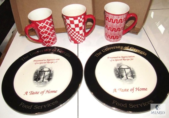 University of Georgia Food Services Plates and Red/White Mugs