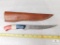 Handmade Damascus Blade Fillet Knife with Red, White Blue Handle and Leather Sheath