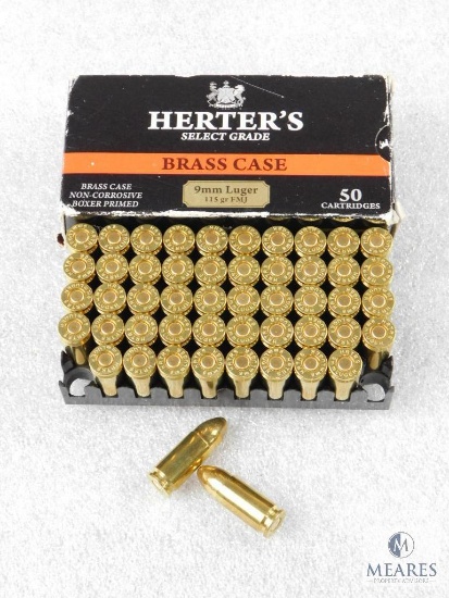 50 Rounds Herter's 9mm Luger 115 Grain FMJ Brass Case Ammo