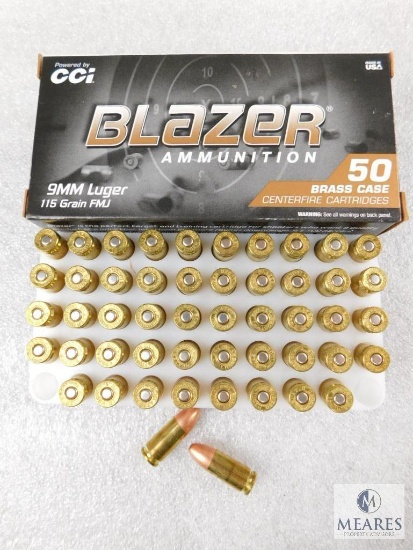 50 Rounds Blazer 9mm Luger 115 Grain FMJ Brass Case Ammo