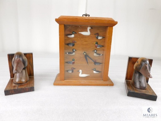 Pair of Wooden Duck Bookends and Decorative Duck Mantle Clock