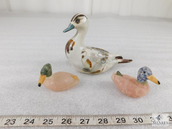 Lot of Two Stone Carved Duck Figurines and Porcelain Piece