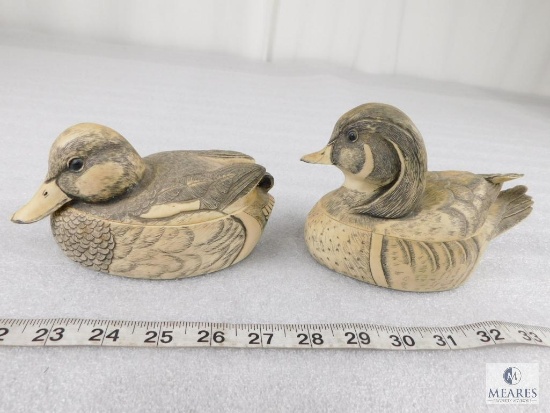 Pair of Artek Faux Scrimshaw Decorative Duck Lidded Trinket Boxes