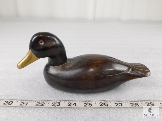 Vintage Wood Carved Duck Decoy with Brass Beak
