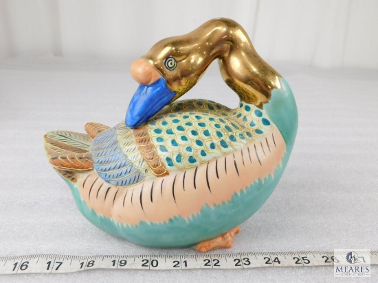 Vintage Chinese Porcelain Duck Figurine with Gold Trim