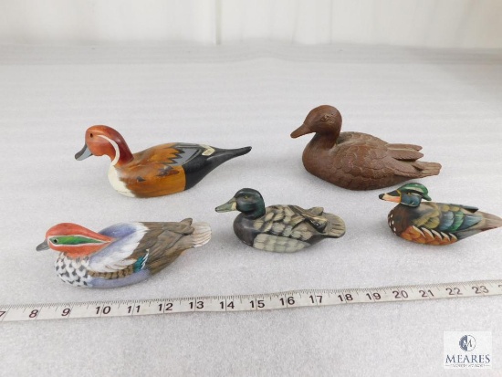 Lot of Five Wood Carved Duck Decorations