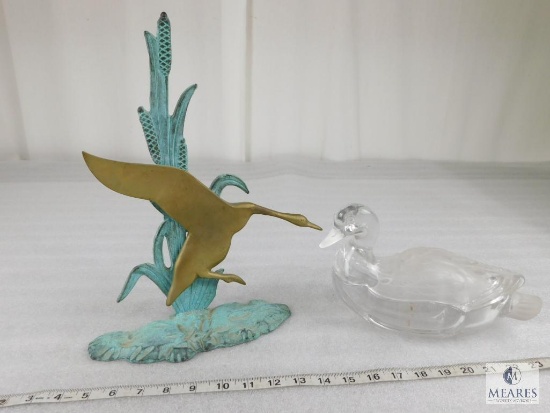 Lot Glass Decorative Duck Canister and Brass Decoration