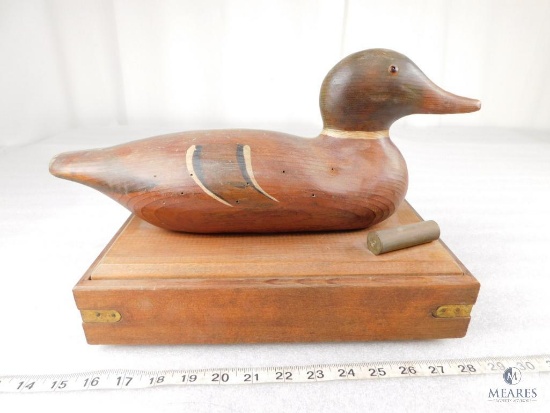 Vintage Wood Duck Decoy Mounted on Wood Display Box with Brass Shell
