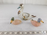 Lot of Two Stone Carved Duck Figurines and Porcelain Piece