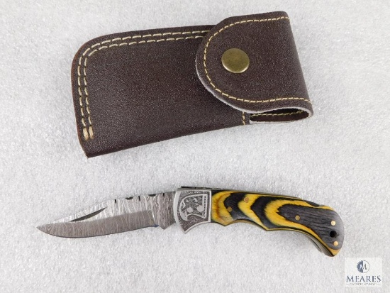 Knife with Wooden Handle Damascus Steel Blade and Leather Sheath
