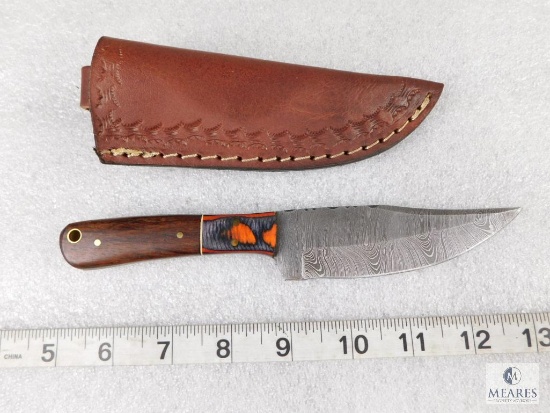 Fixed Damascus Blade Knife with Leather Sheath Eight Inches