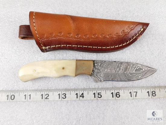 Damascus Steel Fixed Blade Knife with Leather Sheath
