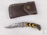 Knife with Wooden Handle Damascus Steel Blade and Leather Sheath