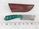 Damascus Blade Knife with Leather Sheath and Beautiful Wood Handle